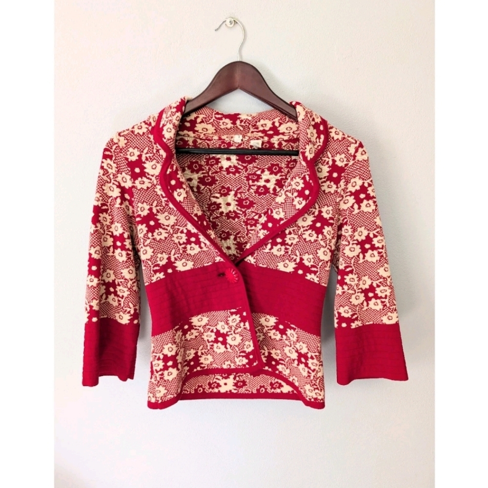 Anthropologie Moth Red and Tan Floral Knit Cardigan Sweater With Button Small